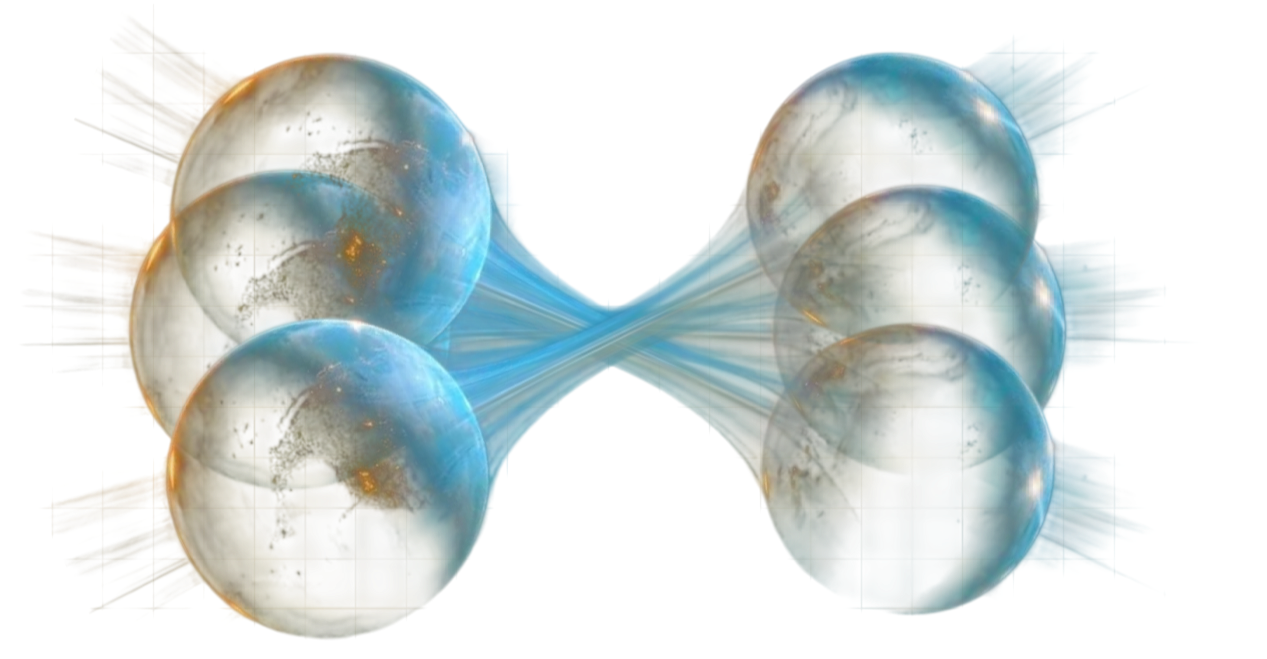 Two entangled quantum spheres linked by a coherent photonic bridge